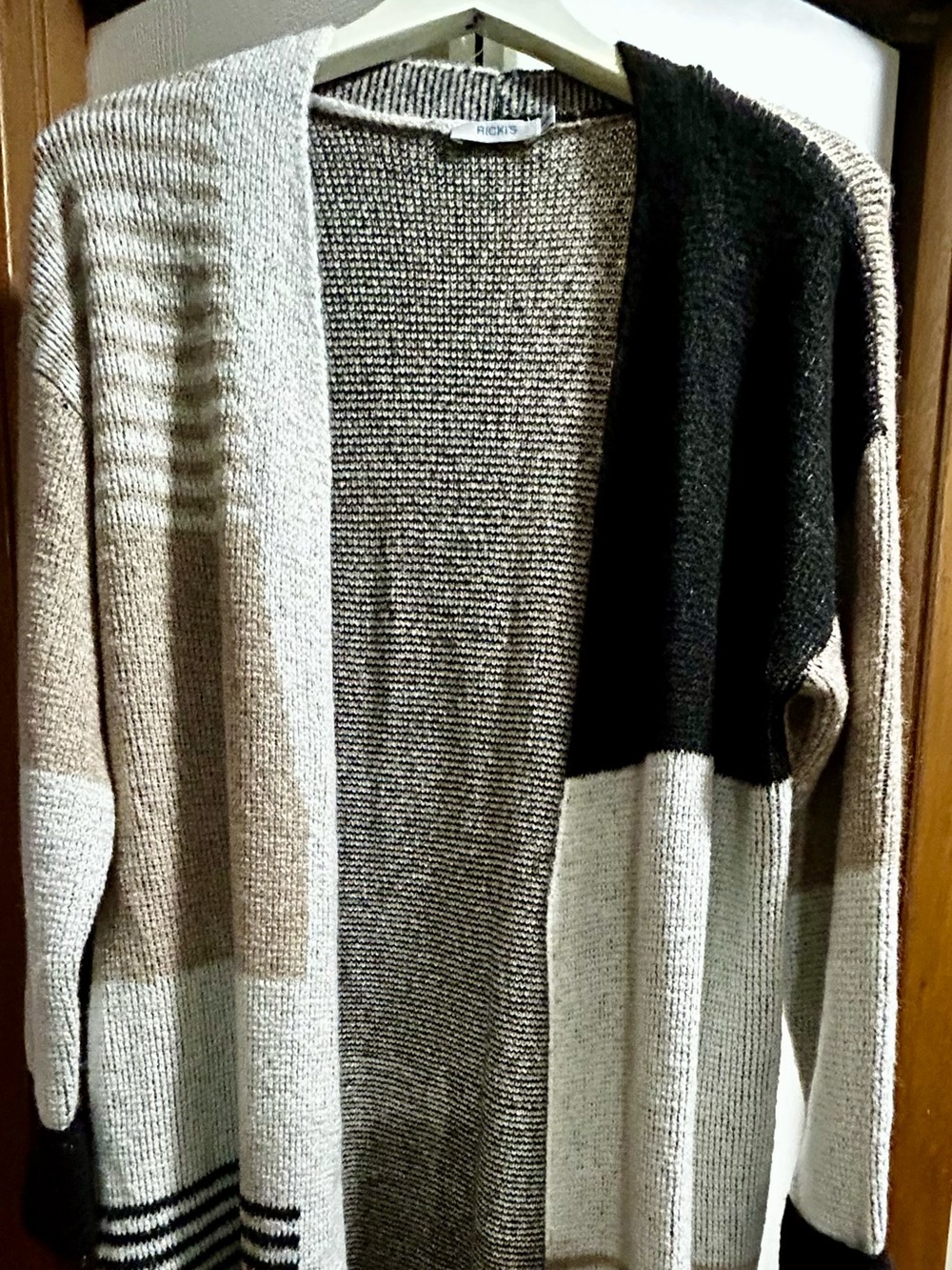 Ricki's Colorblock Cardigan in Beige, Gray & Black.